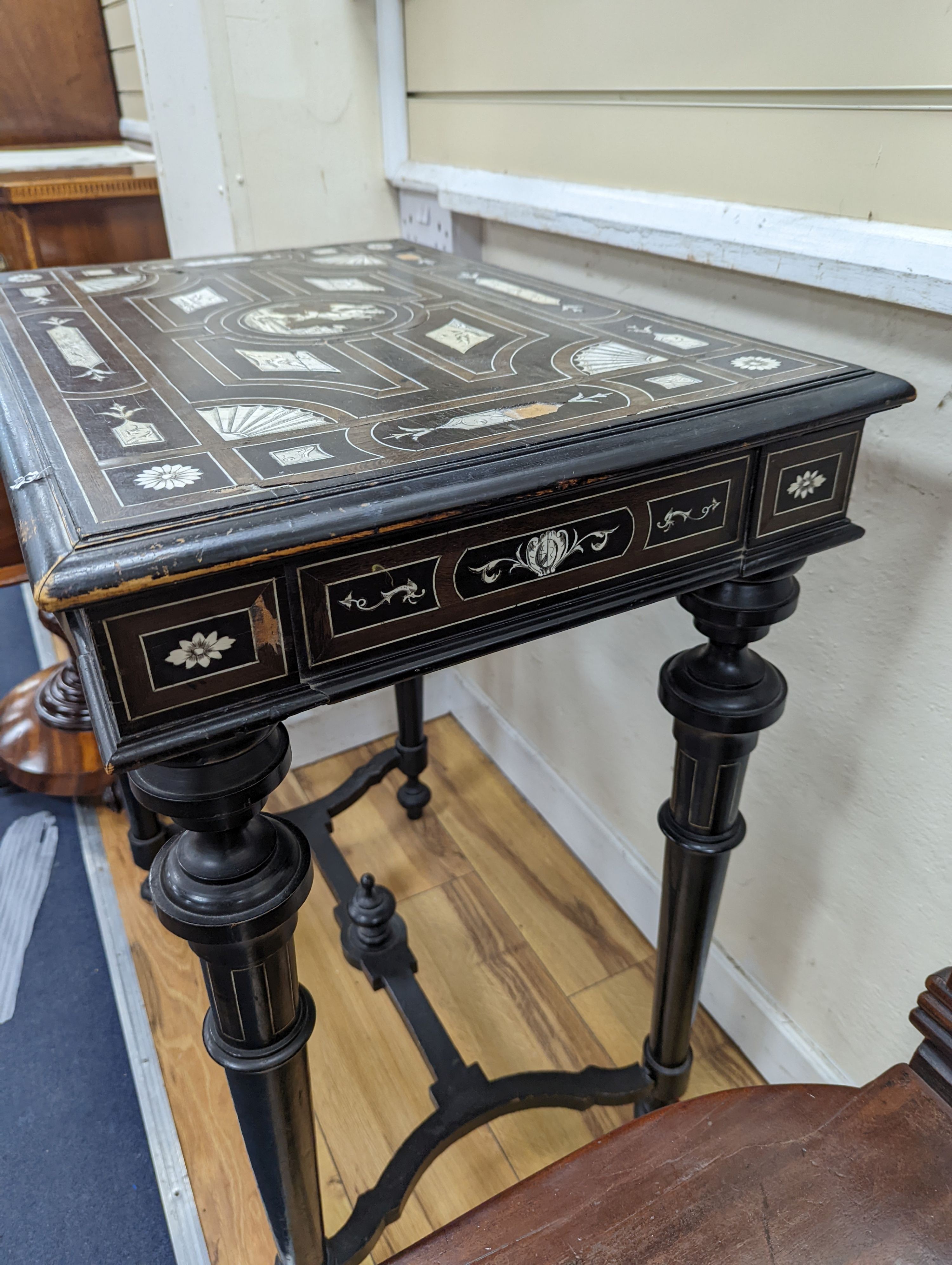 A 19th century Italian bone inlaid ebonised side table, width 68cm, depth 48cm, height 81cm